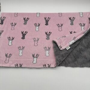 Baby Blanket Sweet Snuggle Soft Pink Gray With Deer Bucks 29" X 33.5"